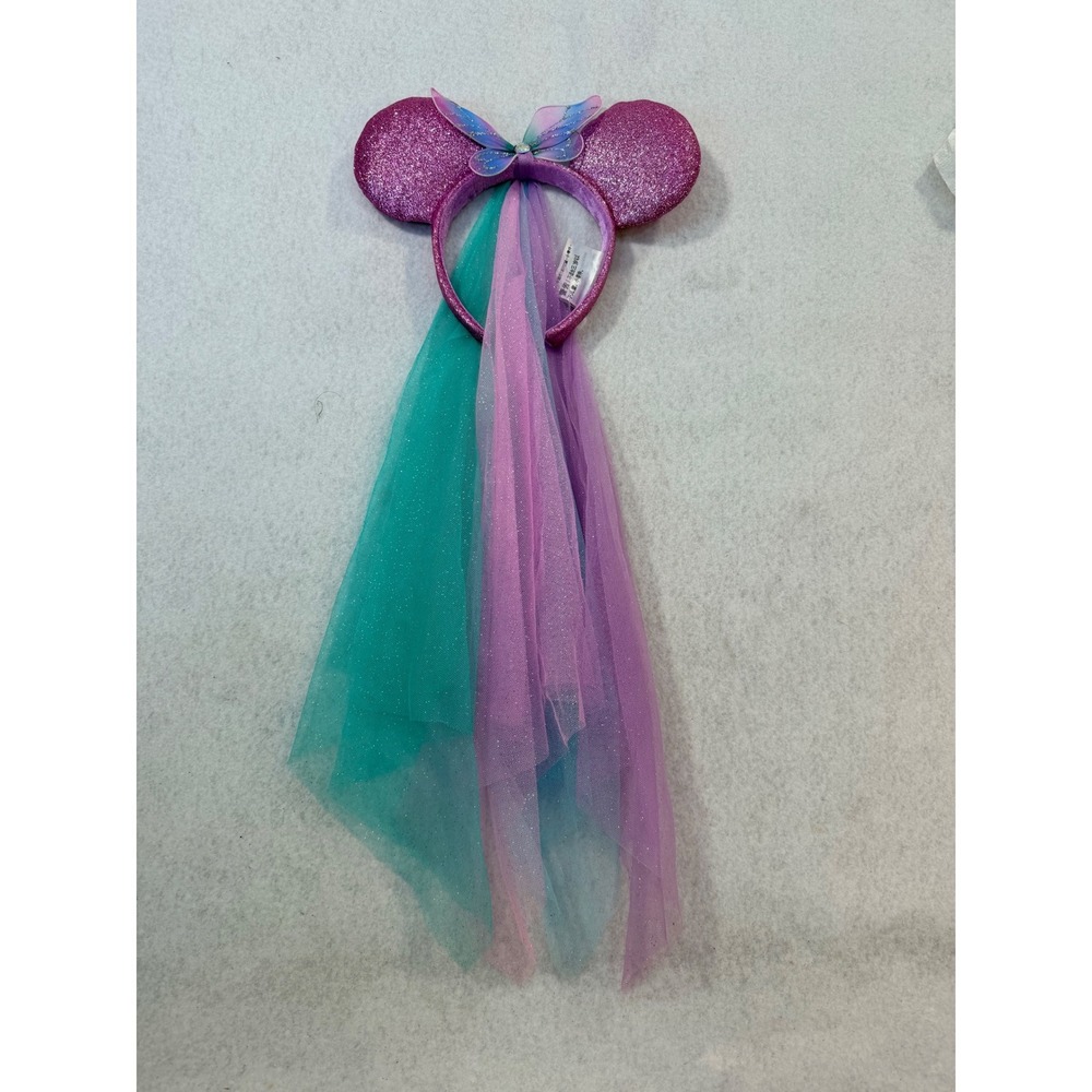 Disney Parks Minnie Mouse Pink Glitter Butterfly Fairy Ear Headband with Veil